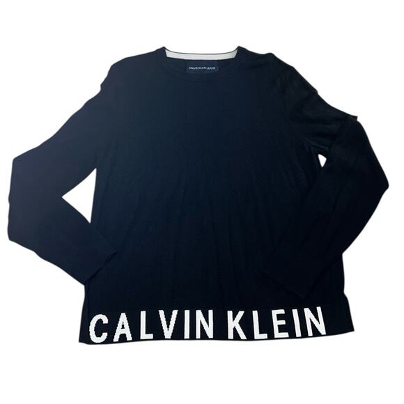 Calvin Klein Jeans Black Sweater Women's Sz M Hem Spell-Out Pullover Top - Picture 7 of 7